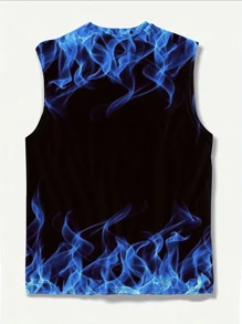Plus Size Men's Casual Flame Print Tank Top, Sportswear T-Shirt Suitable For Outdoor & Streetwear