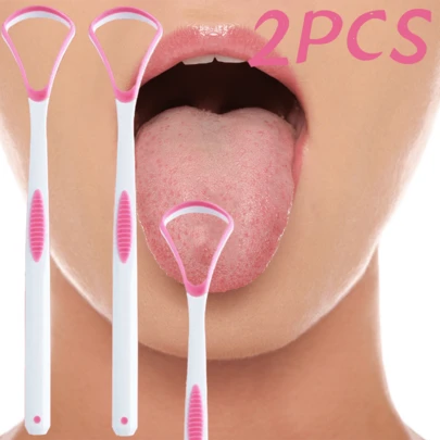 2 件粉色便携式成人舌苔清洁器，温和清洁舌苔，清新口气，小巧尺寸，可放入口袋、包包、早晨、饭后、家中、办公室、旅行中，独特的弧形设计贴合舌头表面，易于清洁，适合日常口腔护理，早晚使用