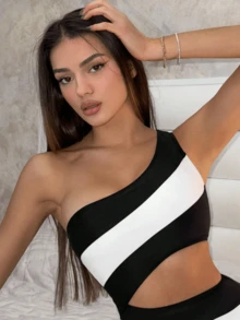 Bañador de una pieza blanco y negro con bloques de color - Blanco y Negro - Ver 5