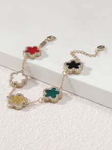 1pc Clover Shaped Rhinestone Decor Elegant Bracelet, Fashionable Dual-Sided Mother Of Pearl Flower Bracelet, Multiple Colors Available For Women