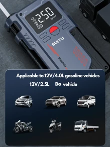 Potência portátil - Auxiliar de partida de bateria de carro, inflador de pneus de 150 PSI, display de LED, carregador portátil, luz de LED, carregador de bateria de carro de 12 V para motores a gasolina de 4,0 L e 2,5 L, kit de emergência para acostamento