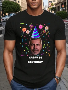 Customized Personalized Loose Round-Neck Casual Face Stick Figures Birthday T-Shirt - Add Your Images And Your Text (Family Photo/Selfie/Pet Photo/Friend Photo/Lover Photo/Girlfriend Photo/Gifts/Logo For Couples/Customizable Tee For Husband Or Boyfriend Or Girlfriend,Birthday Present And Party Or Group,Funny Birthday Shirt) - Black - View 3