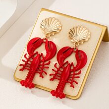 1Pair Bohemian Style Red Enamel Lobsters Shell Women Eardrop ,Vintage Ocean Series Women Dangle Earrings,Suitable For Daily Beach Vacation Parties Wear
