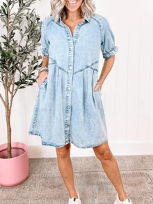 Scacto Retro Short Sleeve Denim Dress Casual Light Color Loose Knee-Length Short Skirt For Women - Màu xanh bạc hà - Xem 1