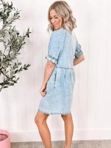 Scacto Retro Short Sleeve Denim Dress Casual Light Color Loose Knee-Length Short Skirt For Women - Màu xanh bạc hà - Xem 5