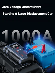 Potência portátil - Auxiliar de partida de bateria de carro, inflador de pneus de 150 PSI, display de LED, carregador portátil, luz de LED, carregador de bateria de carro de 12 V para motores a gasolina de 4,0 L e 2,5 L, kit de emergência para acostamento