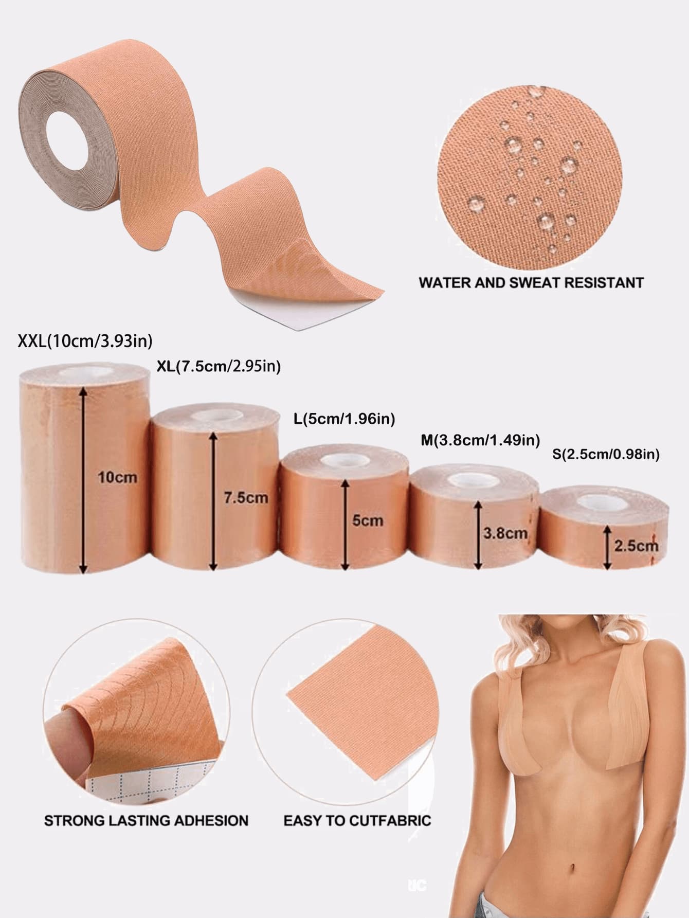 Fita Invisible de Sustentação do Busto - 2,5/3,8/5/7,5/10cm, À Prova D'água, Patch Modelador de Colo para Vestidos de Noiva/Vestidos Sem Alça, Adesivo Médico de Silicone Cobre Mamilos (Multi-Tamanho e Reutilizável), Acessórios de Academia, Ataduras, Fita Adesiva Esportiva