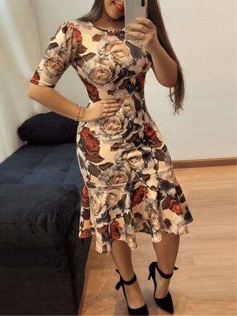 女士复古花卉印花荷叶边连衣裙，夏季针织面料圆领涤纶和氨纶中长连衣裙