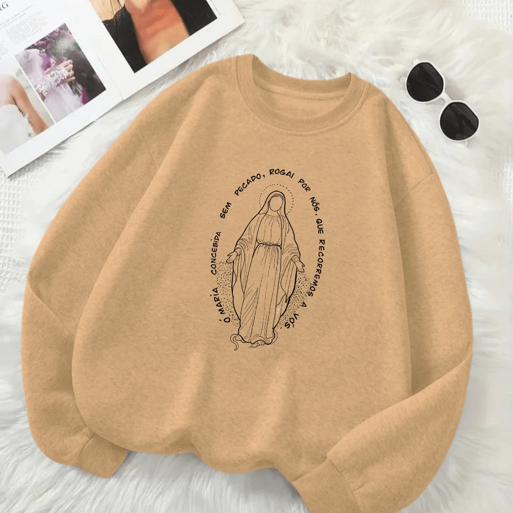 Unisex Cold Weather Top CREW NECK Without Hood Our Lady Print Christian Catholic Devotion Look - 米色 - 查看 1