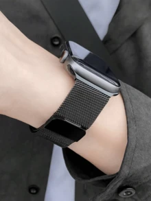 1 件男女通用不锈钢米兰编织磁性表带，兼容 45/49/38/40/41/42/44 毫米 Apple Watch 系列 1/2/3/4/5/6/7/8/SE - 黑色 - 查看 2