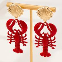 1Pair Bohemian Style Red Enamel Lobsters Shell Women Eardrop ,Vintage Ocean Series Women Dangle Earrings,Suitable For Daily Beach Vacation Parties Wear