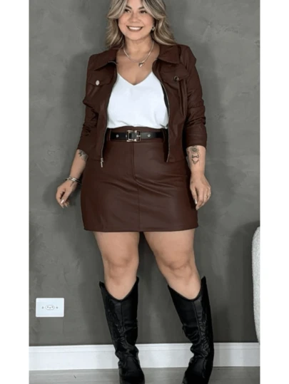 Conjunto De Couro Jaqueta E Short Saia Plus Size