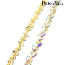 Perlon Joon 1 Yard Leaves Clean Glass Crystal Chain Rhinestone Trim Plat Silver Crystal Chain Decoration Wedding Dress Accessories - AB Golden - View 7