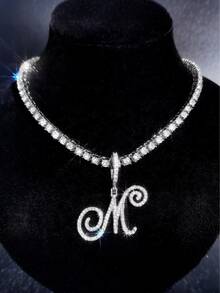 字母银项链，可爱A-Z艺术手写体字母水晶链项链，女士款 – 闪亮镶钻字母吊坠首饰，嘻哈风格，送给爱首饰女孩的完美礼物，字母项链，情人节礼物，狂欢节礼物