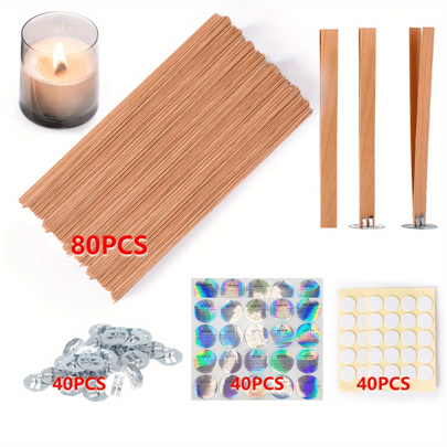 200pcs/Set Wooden Candle Wicks, Candle Making Wicks 5.1 X 0.5 Inch Naturally Cherry Wood Wooden Candle Wicks Candle Cores With Iron Stand For DIY Candle Making With Base, Candle Warning Stickers, Base Adhesive Stickers Suitable For Novices