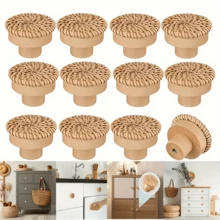 12 pieces rattan round handle knobs, wooden handles, suitable for kitchen, living room, bedroom wardrobe cabinet, brown - Coffee Brown - View 3