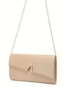 女士优雅钱包，杏色天鹅绒信封手拿包，配金色链条肩带 - 独特的 V 形设计，磁性闭合，涤纶衬里 | 适合晚会和婚礼的理想手提包