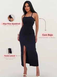 Mid-Length Dress With Thin Straps And Side Slit In Irregular Fabric With Ribbed Mesh Cups - 黑色 - 查看 2