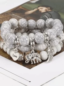 Set de 3 pulseras vintage bohemias con elefante y corazón de acrílico y cuentas, adecuadas para el uso diario de las mujeres