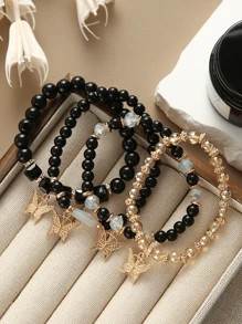 4-Piece Bohemian Style Fashion Women's Bracelet Set, Handmade Faux Crystal Beaded Chain With Butterfly Pendant, Perfect For Daily Wear Or Gift Giving