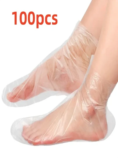 100 piezas Cubiertas de pie desechables, Cubiertas de pie de plástico, Aptas para reparación de pies, Calcetines humectantes de SPA para el cuidado de los pies, Calcetines de máscara de pie transparentes para probarse zapatos, Cierre cómodo.