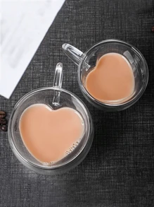 1 pièce Tasse à thé en forme de cœur d'amour - Tasse à café en verre transparent créative en forme de cœur, Mug isotherme à double paroi pour le lait, Mug à jus avec anse, Retour à l'école