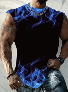 Plus Size Men's Casual Flame Print Tank Top, Sportswear T-Shirt Suitable For Outdoor & Streetwear