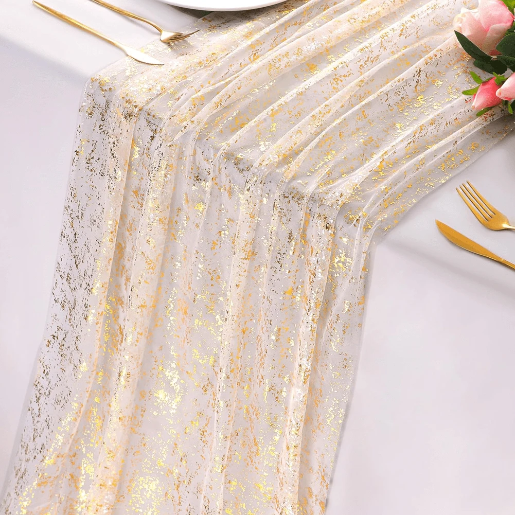 1pc Glittery Gold Color Table Runner, Wedding Table Decor Flag, Baby Shower Birthday Party Dining Table Decoration Flag, Foil & Mesh Table Runner - Gold - View 1