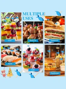 1 Juego/25 piezas Pinchos de cóctel de bambú natural hechos a mano, pinchos para aperitivos para cócteles, aperitivos, frutas, postres - Diseño de pez azul