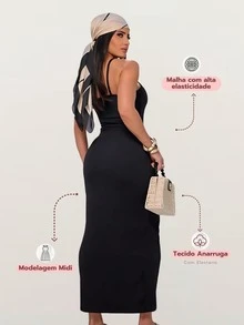 Mid-Length Dress With Thin Straps And Side Slit In Irregular Fabric With Ribbed Mesh Cups - 黑色 - 查看 3