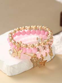 4-Piece Bohemian Style Fashion Women's Bracelet Set, Handmade Faux Crystal Beaded Chain With Butterfly Pendant, Perfect For Daily Wear Or Gift Giving