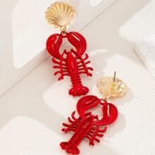 1Pair Bohemian Style Red Enamel Lobsters Shell Women Eardrop ,Vintage Ocean Series Women Dangle Earrings,Suitable For Daily Beach Vacation Parties Wear