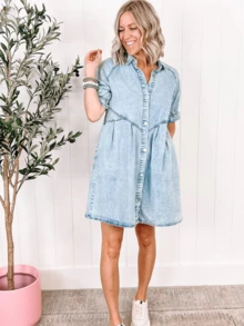 Scacto Retro Short Sleeve Denim Dress Casual Light Color Loose Knee-Length Short Skirt For Women - Màu xanh bạc hà - Xem 3