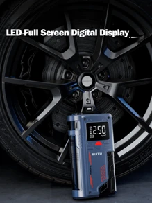 Potência portátil - Auxiliar de partida de bateria de carro, inflador de pneus de 150 PSI, display de LED, carregador portátil, luz de LED, carregador de bateria de carro de 12 V para motores a gasolina de 4,0 L e 2,5 L, kit de emergência para acostamento