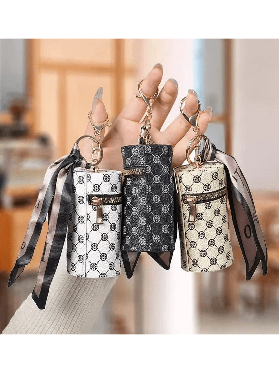 5pcs Vintage Style Cylinder Wallet, Retro Fashionable Multi-Purpose Lipstick Holder & Coin Purse With Keychain Hook, Compact Travel And Campus Organizer For Small Essentials, Checkered Pattern In Elegant Golden-Tone Zipper Closure, Perfect For Women's Everyday Use, Cute Purse