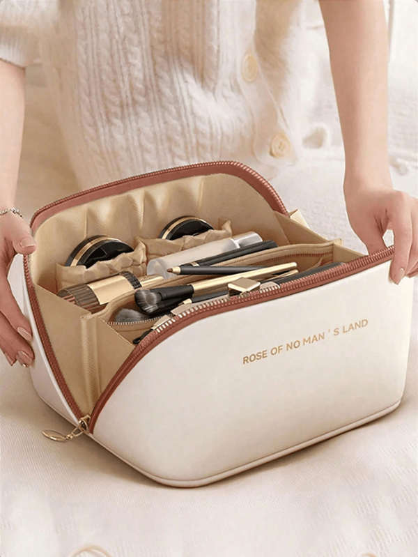 1pc PU Leather Waterproof Dustproof Makeup Bag, Cosmetic Organizer Pouch, Portable Toiletry Bag, Skincare Bag, Large Capacity Double Layer With Compartment, Suitable For Home Organization, Display, Travel, Great Gift For Family And Friends, Holiday/Anniversary Gift