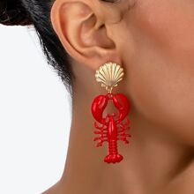 1Pair Bohemian Style Red Enamel Lobsters Shell Women Eardrop ,Vintage Ocean Series Women Dangle Earrings,Suitable For Daily Beach Vacation Parties Wear