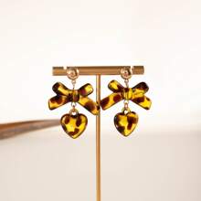 2Pcs Vintage Acrylic Leopard Print Bow Earrings, Maillard Premium Love Earrings