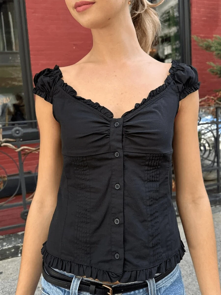 Women Y2k Fairy Grunge Button Down Shirts Tops Cap Sleeve Ruffle Sweetheart Neck Slim Fit Frill T Shirts Off The Shoulder Crop Tops Summer Going Out Tops Casual 90S Vintage Blouse Streetwear 2000s Aesthetic Clothes - 黑色 - 查看 1