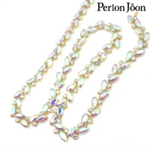 Perlon Joon 1 Yard Leaves Clean Glass Crystal Chain Rhinestone Trim Plat Silver Crystal Chain Decoration Wedding Dress Accessories - AB Golden - View 5