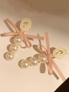 2 Pieces Of Girls Tulip Pearl Bow Hairpins Simple And Versatile Duckbill Clips - Multicolor - View 3