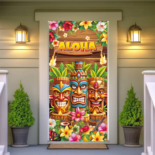 2D Door Banner Tropical Hawaiian Aloha Doorway Curtain, 70.8 X 35.4 Inch Polyester Doorway Decor, Floral Tiki Party Theme, Multipurpose Room & Garden Decor, No Electricity Needed, Suitable For Summer Party, Beach Gathering