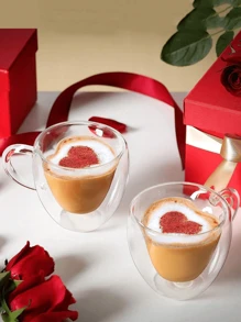 1 pièce Tasse à thé en forme de cœur d'amour - Tasse à café en verre transparent créative en forme de cœur, Mug isotherme à double paroi pour le lait, Mug à jus avec anse, Retour à l'école