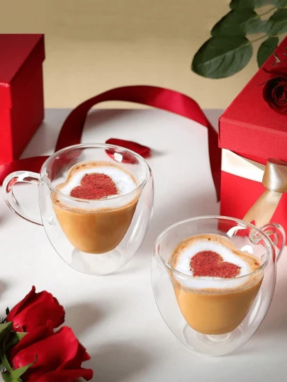 1个创意心形玻璃咖啡杯，双层保温牛奶杯，带把手果汁杯，情人节用品，适合节日派对聚会