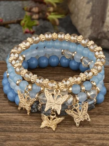 4-Piece Bohemian Style Fashion Women's Bracelet Set, Handmade Faux Crystal Beaded Chain With Butterfly Pendant, Perfect For Daily Wear Or Gift Giving