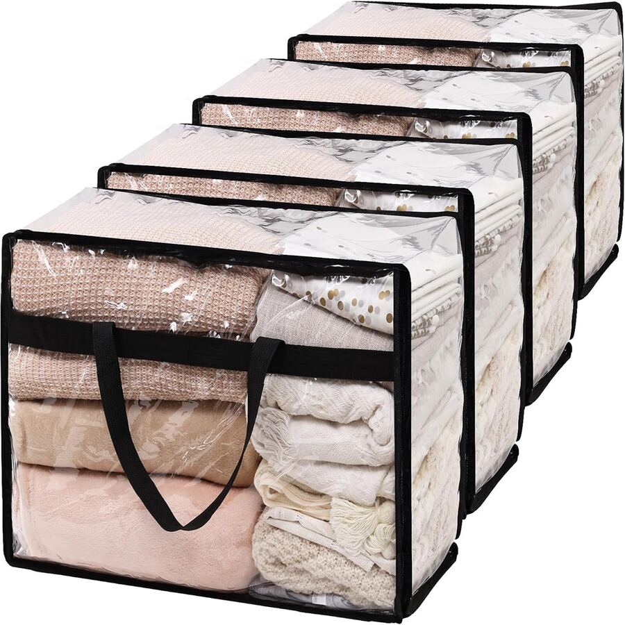 4 bolsas de almacenamiento para mantas de 60L, bolsas de almacenamiento de plástico vinílico extra grandes y transparentes para ropa, edredón, ropa de cama, con cremallera y asa reforzada - Multicolor - Ver 1