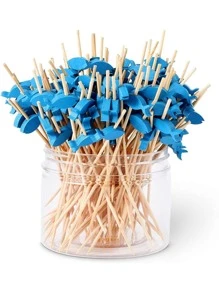1 Juego/25 piezas Pinchos de cóctel de bambú natural hechos a mano, pinchos para aperitivos para cócteles, aperitivos, frutas, postres - Diseño de pez azul