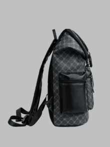 男士 PU 皮革图案格子背包，大容量旅行背包，学院风笔记本电脑包，2000 年代风格