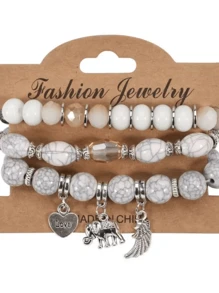 Set de 3 pulseras vintage bohemias con elefante y corazón de acrílico y cuentas, adecuadas para el uso diario de las mujeres