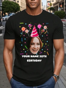 Customized Personalized Loose Round-Neck Casual Face Stick Figures Birthday T-Shirt - Add Your Images And Your Text (Family Photo/Selfie/Pet Photo/Friend Photo/Lover Photo/Girlfriend Photo/Gifts/Logo For Couples/Customizable Tee For Husband Or Boyfriend Or Girlfriend,Birthday Present And Party Or Group,Funny Birthday Shirt) - Black - View 4